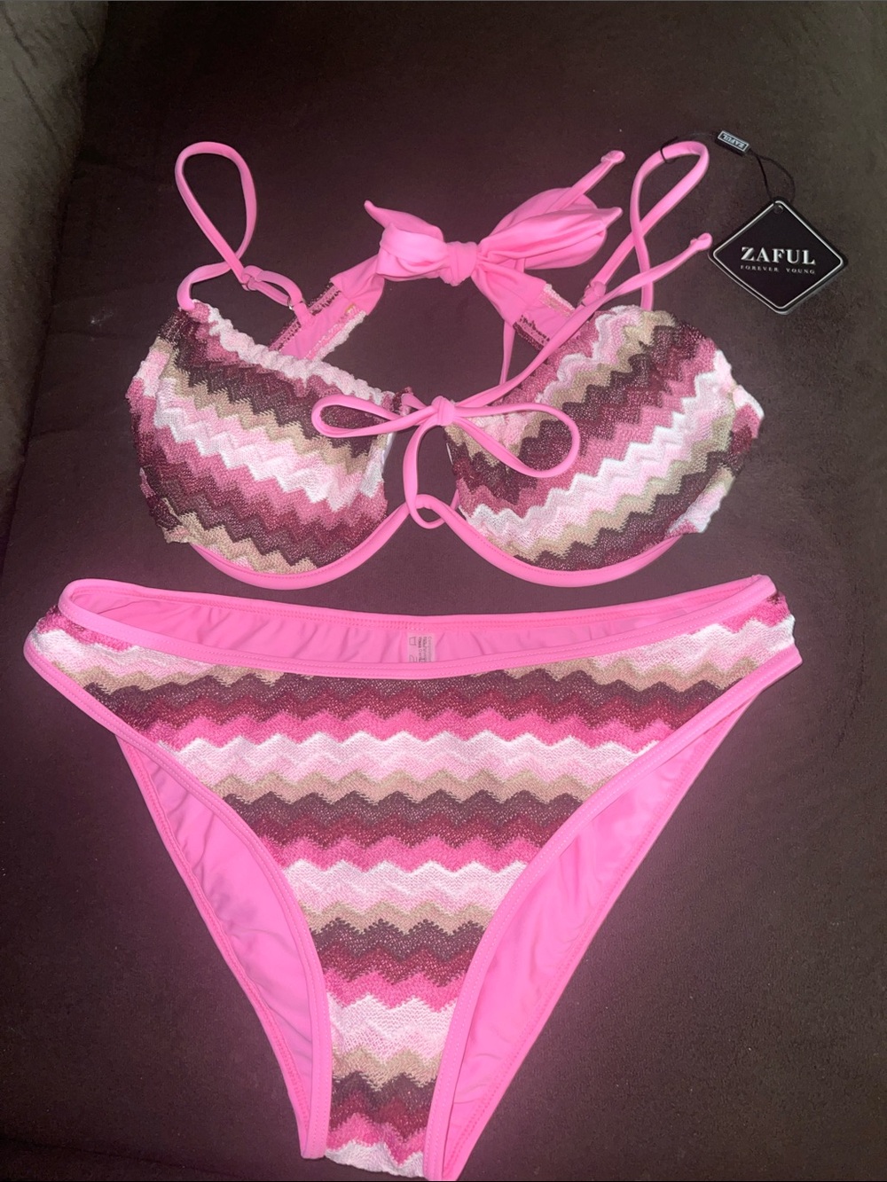 Zaful Pink Multi-Tone Chevron Bikini Set